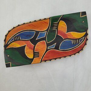 Vintage Wood Fish Serving Tray Abstract Colorful Hand Carved Stained 15x8